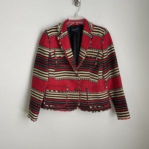 Jones New York Signature Red Beige Striped Southwestern Blazer Raw Fring…